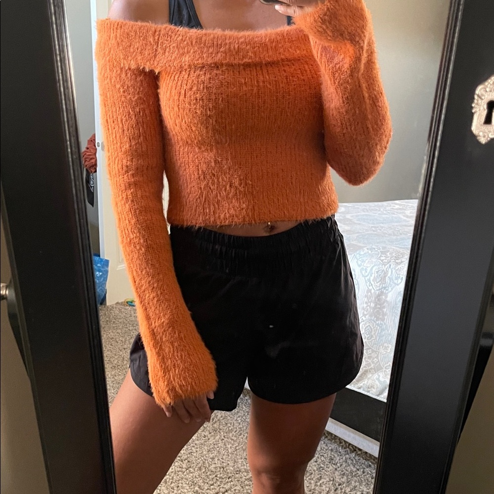 Kelsis Orange Off-Shoulder Fuzzy Sweater - Picture 1 of 8